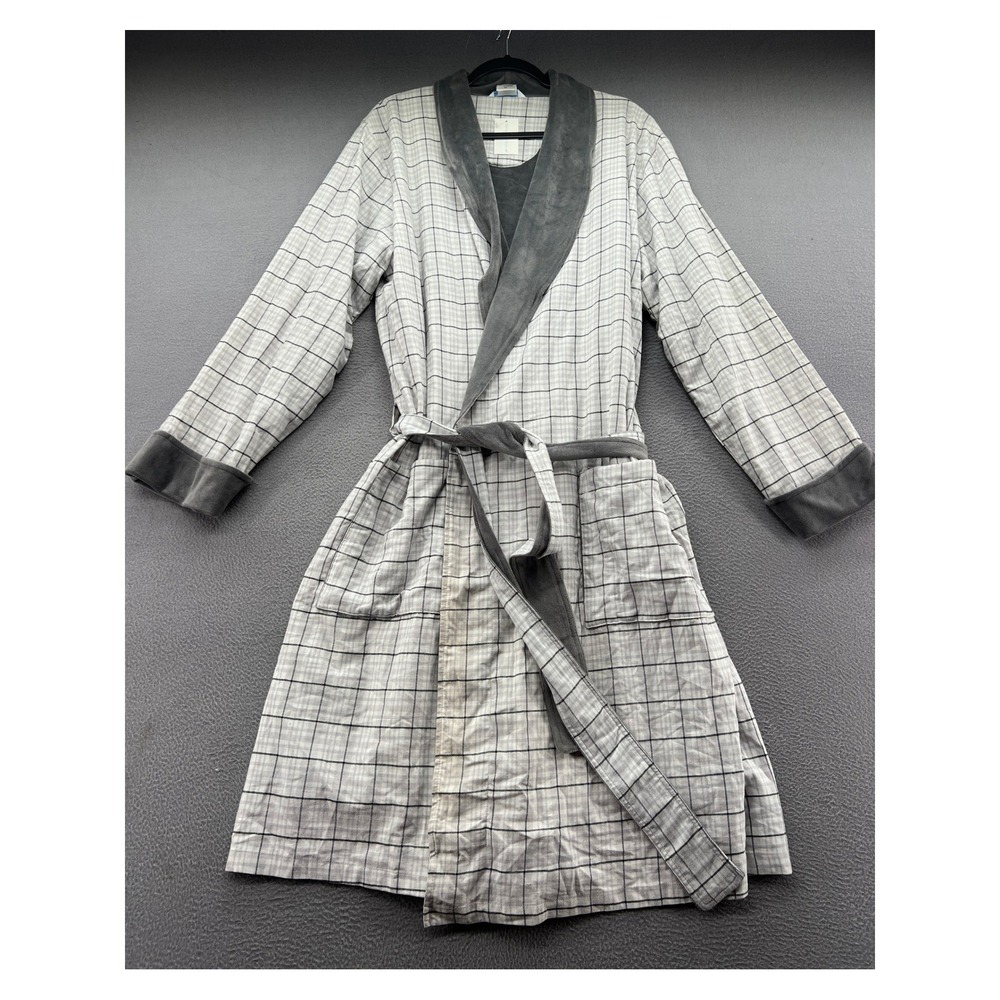 The Company Store Robe Mens S/M Plaid Robe Gray White Cotton Fleece Lined NWT